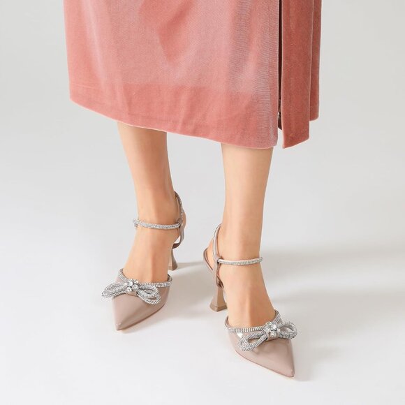 Women's Nude Closed Toe Rhinestone Wedding Low Slingback Clear Kitten Heels - Picture 7 of 9